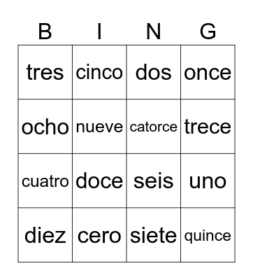 Los números 0-15 Bingo Card