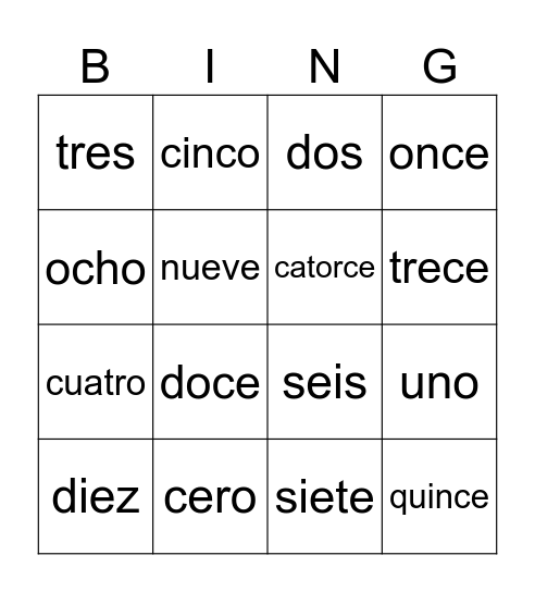 Los números 0-15 Bingo Card