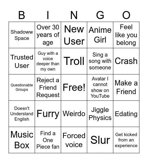 VRCHAT Bingo Card