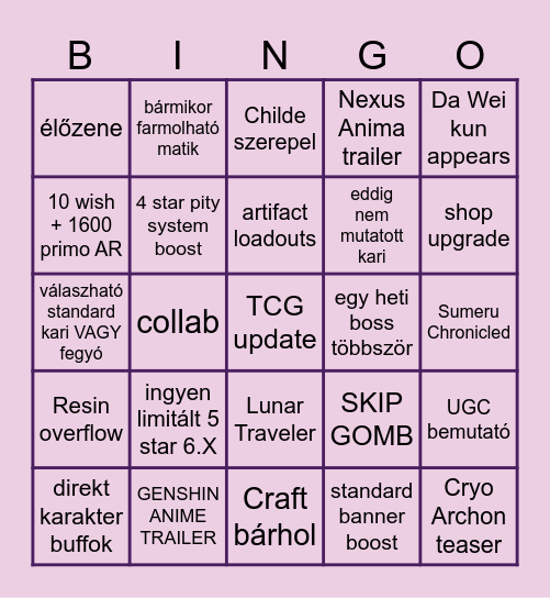 Genshin Impact 6.0 Live Stream Bingo Card