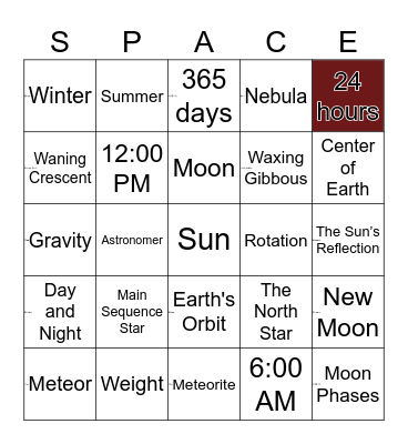 Space Science Review Bingo Card