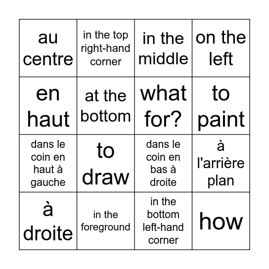 What's the French/English for... ? Bingo Card