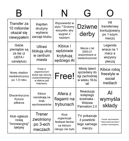 Bingo kibicowania polskiej drużynie ekstraklasy drugiego kwartału XXI wieku (2026-50) Bingo Card