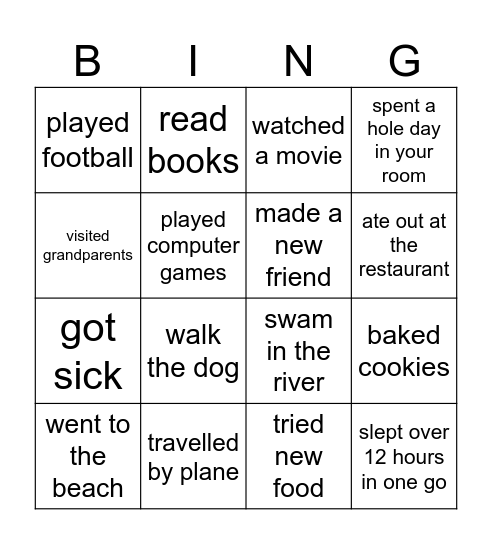 Summer activities Bingo Card