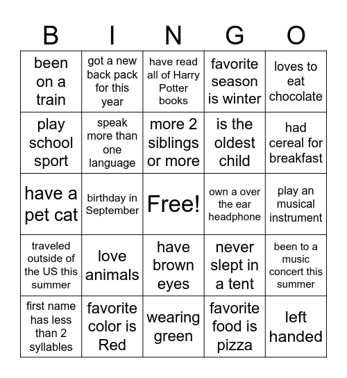 Mr. C's 1st week of class Bingo #1 Bingo Card