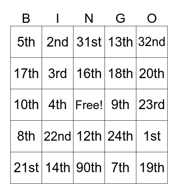 Ordinal Numbers Bingo Card