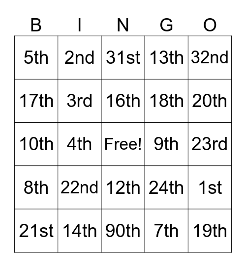 Ordinal Numbers Bingo Card