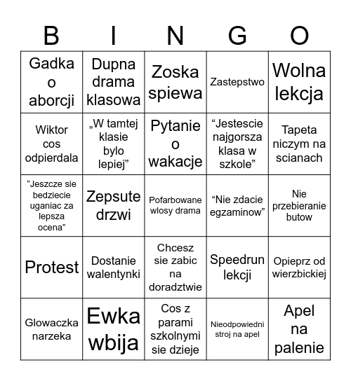 BACK TO SCHOOL Bingo Card