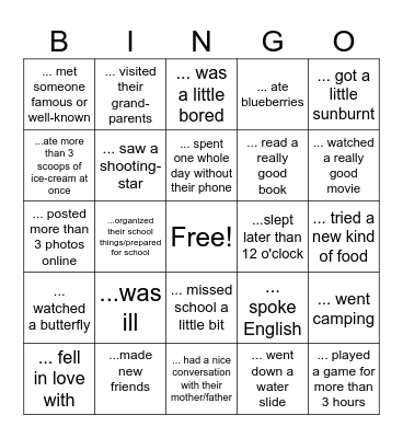 After the summer holidays: Find someone who... Bingo Card