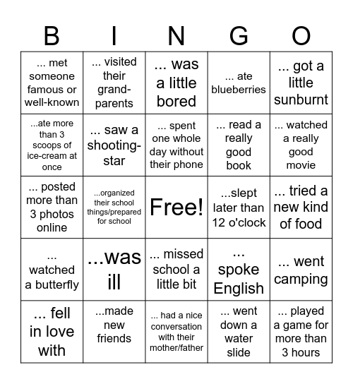 After the summer holidays: Find someone who... Bingo Card