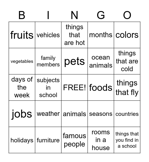 Categories Bingo Card