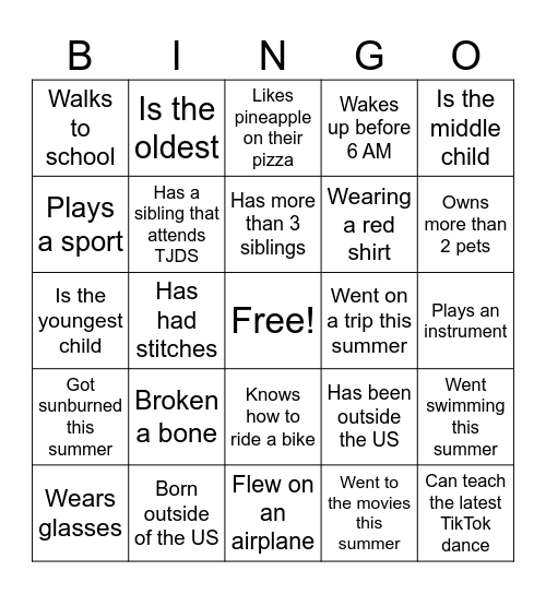 Classroom Bingo Card
