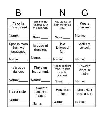 Class Mate Bingo Card