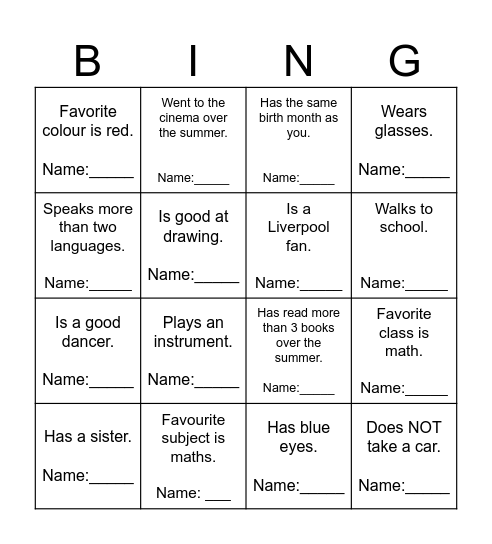 Class Mate Bingo Card