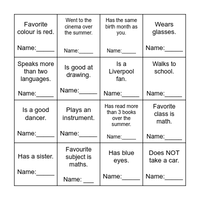 Class Mate Bingo Card