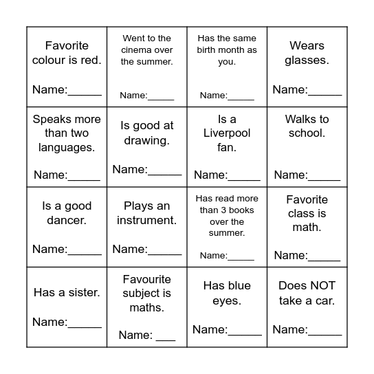 Class Mate Bingo Card