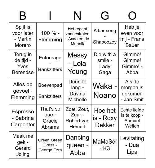 Muziek Bingo Card