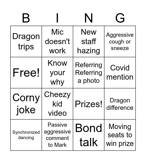 Staff Welcome Bingo Card