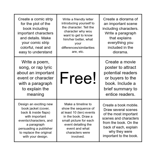 Book Report Bingo Card