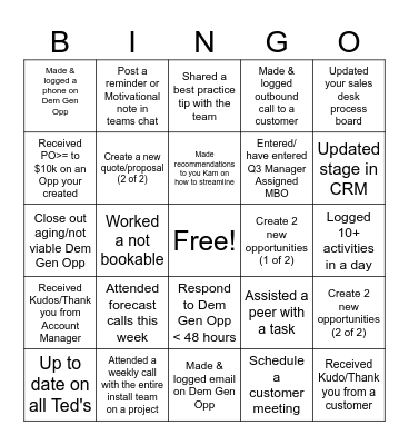 Inside Sales Team Bingo Card