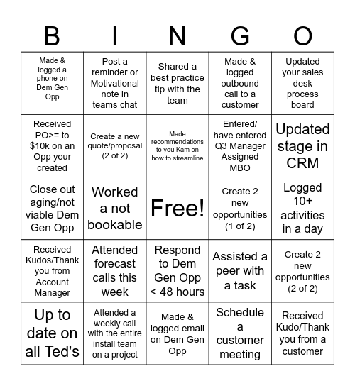 Inside Sales Team Bingo Card