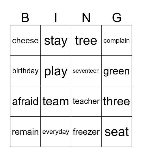 ai-ay, ee-ea Bingo Card