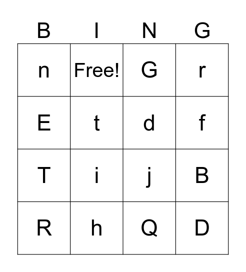 Upper case/lower case bingo Card