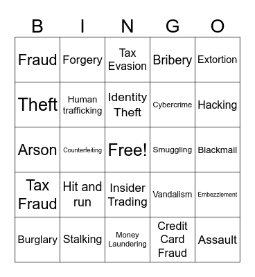 Crimes Bingo Card