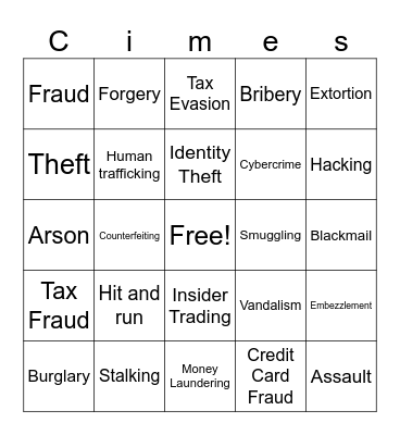 Crimes Bingo Card