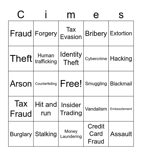 Crimes Bingo Card