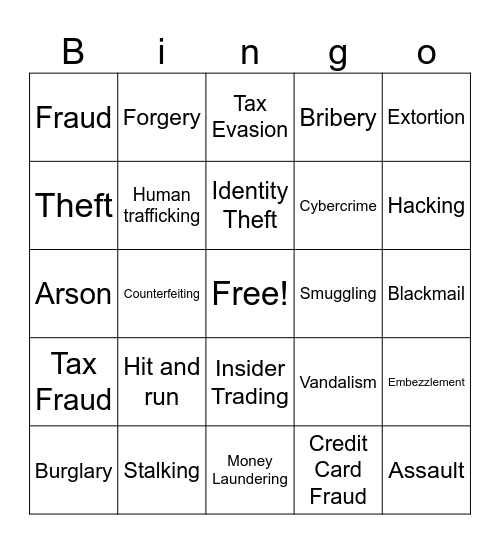 Crimes Bingo Card