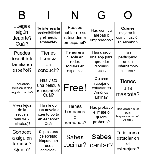 Bingo IB B Spanish Bingo Card