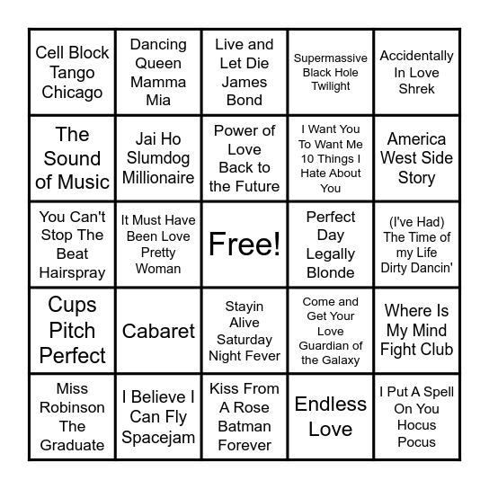 Best Movie Songs of All Time Bingo Card