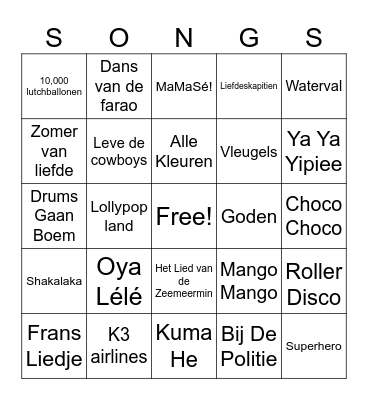 K3 songs Bingo Card