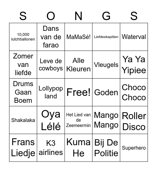 K3 songs Bingo Card