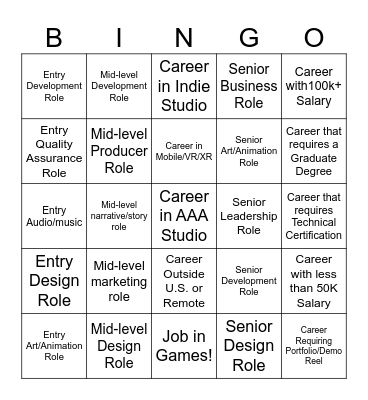 Game Careers Bingo Card