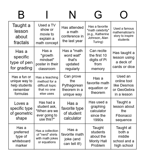 Math Teacher Bingo Card