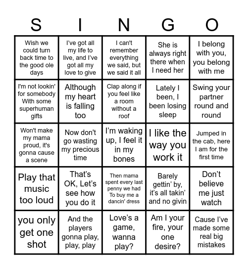 SINGO Bingo Card