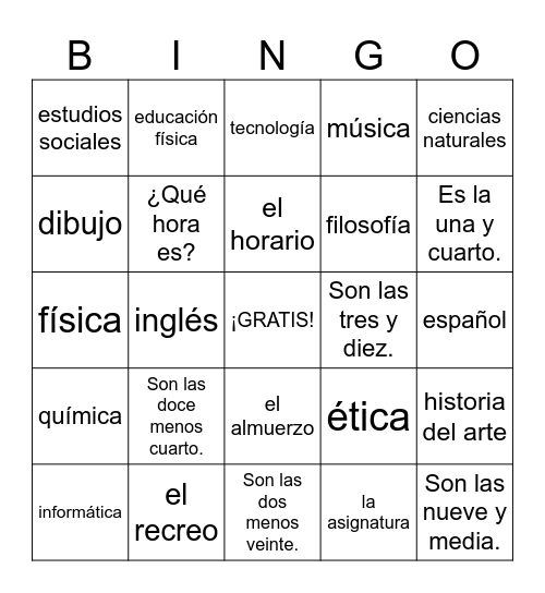 Las asignaturas y los horarios Bingo Card