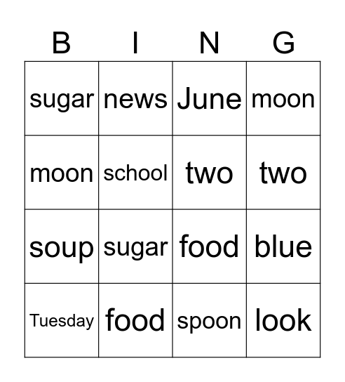 BINGO - PRACTICE THE SOUND /u:/ Bingo Card
