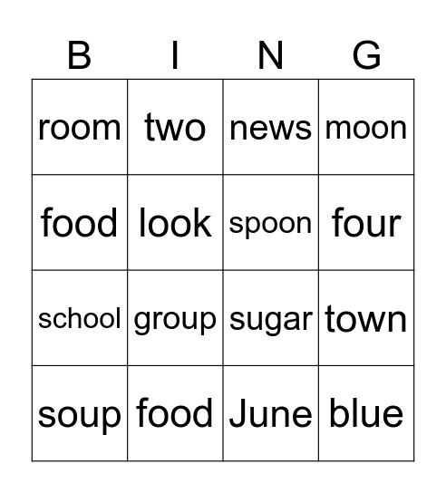 BINGO - PRACTICE THE SOUND /u:/ Bingo Card