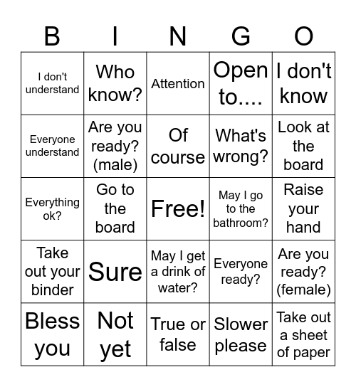 Survival Phrases Bingo Card