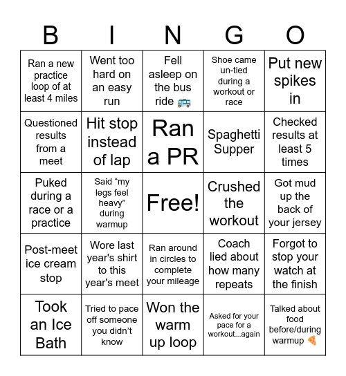 Fennimore Cross Country Bingo Card
