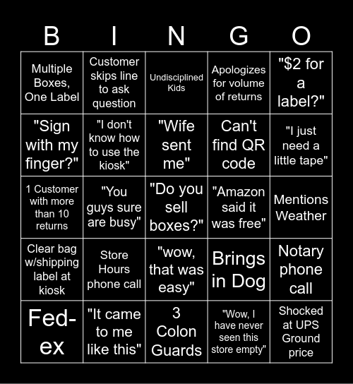 UPS Store Bingo Card