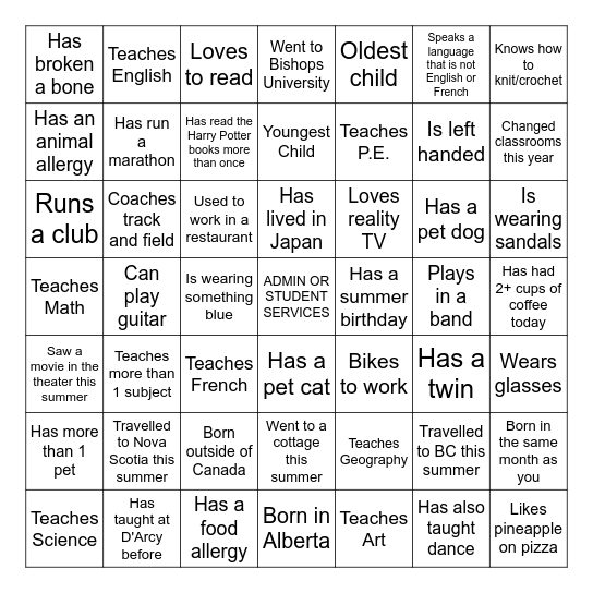 Teacher Fun Fact Bingo Card