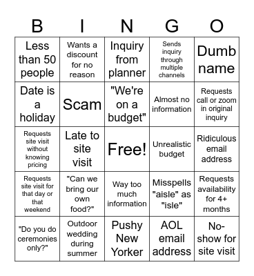 Wedding Inquiry Bingo Card