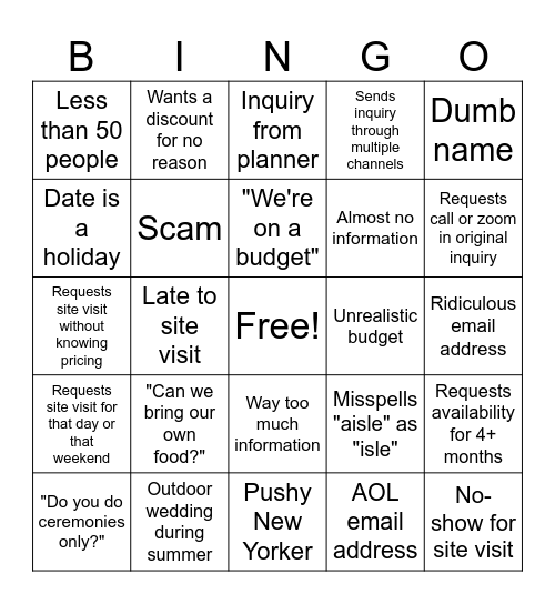 Wedding Inquiry Bingo Card