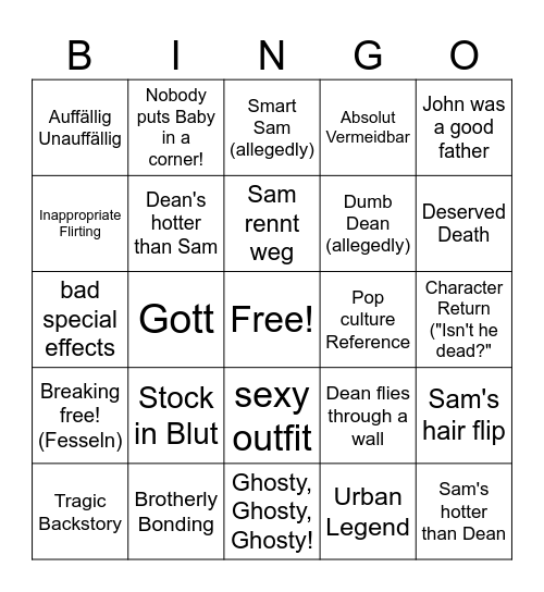Supernatural Bingo Baby Bingo Card