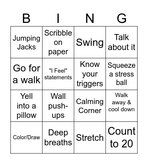 Anger Tools Bingo Card