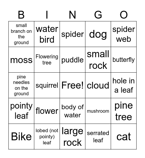 Nature walk bingo Card
